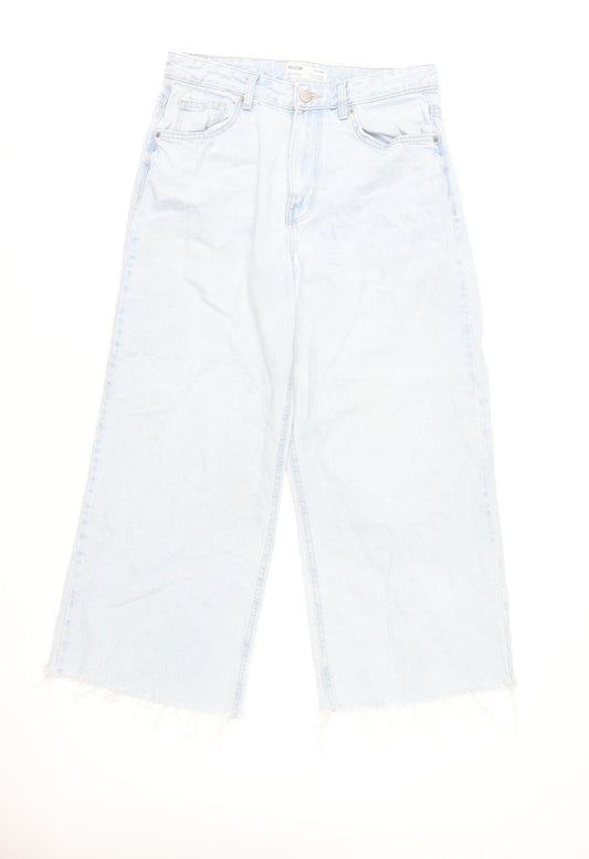 Bershka Women’s Light Blue Wide Crop Jeans Size 10 Cotton Denim