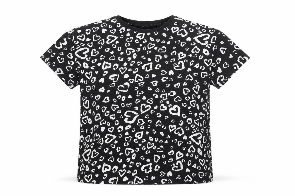 Front view of Dunnes Women Black Heart Print Cotton T-Shirt, size 12