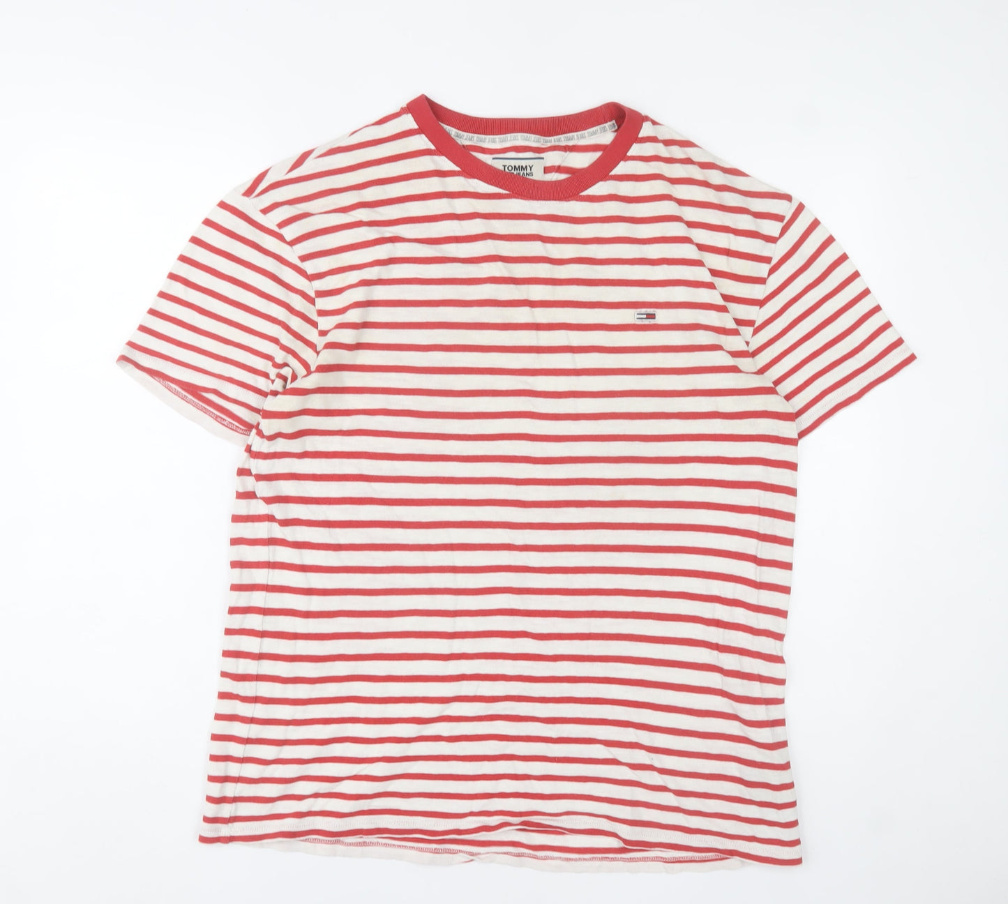 Tommy Jeans Men's Red White Striped Cotton Crew Neck T-Shirt L