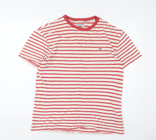 Tommy Jeans Men's Red White Striped Cotton Crew Neck T-Shirt L