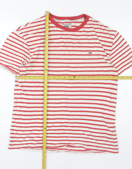 Tommy Jeans Men's Red White Striped Cotton Crew Neck T-Shirt L