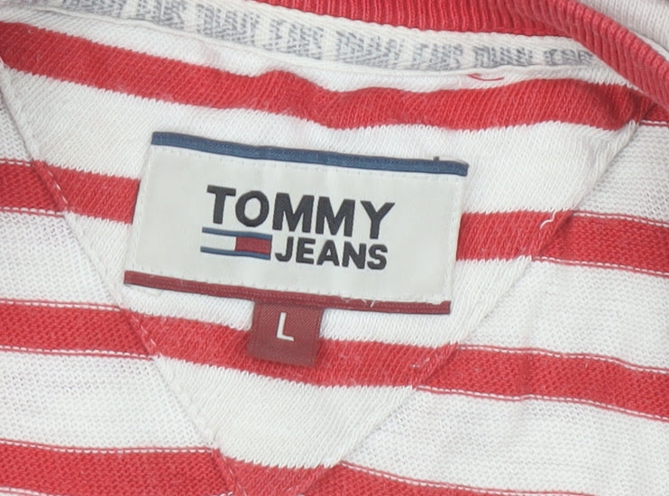 Tommy Jeans Men's Red White Striped Cotton Crew Neck T-Shirt L