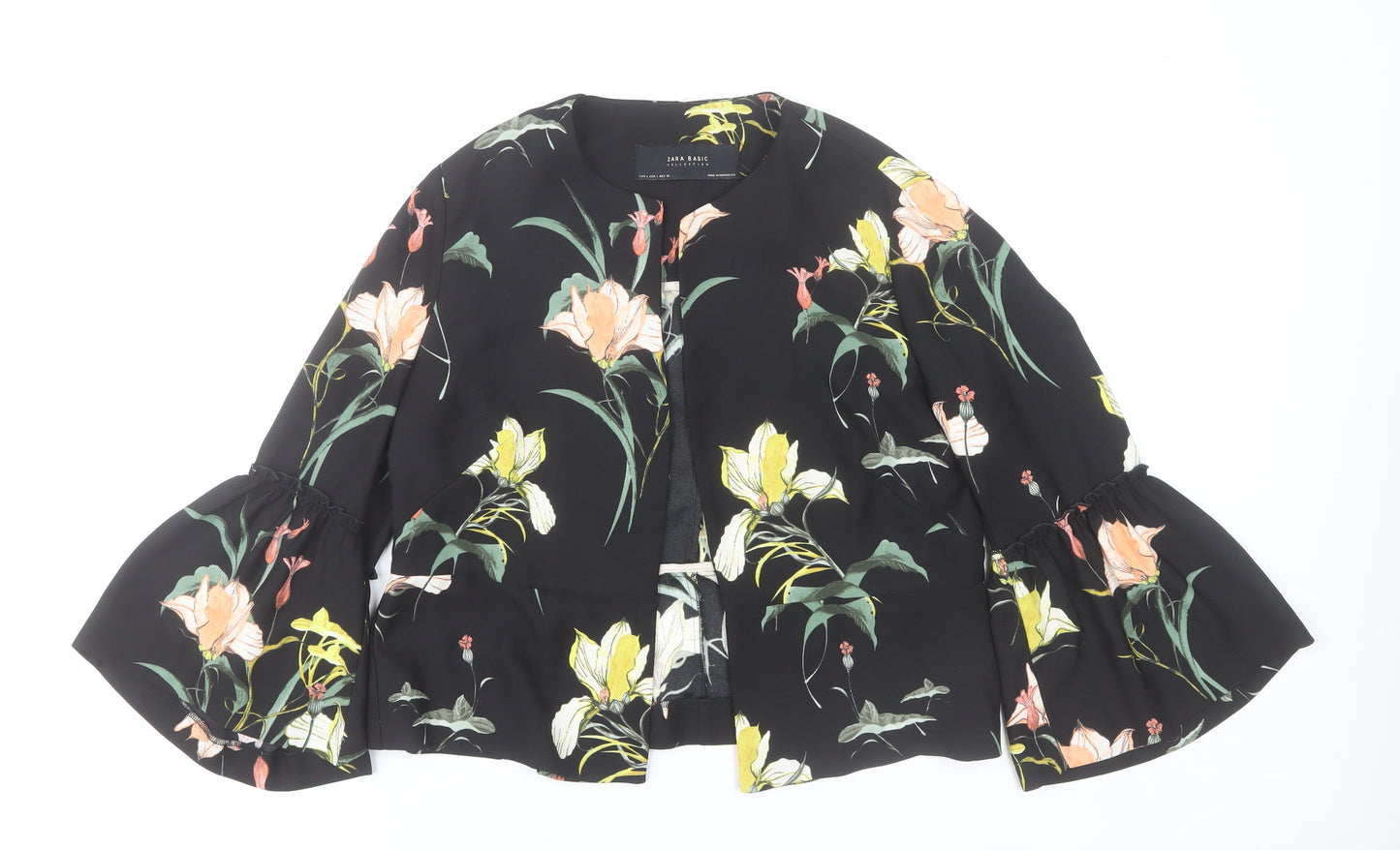 Zara Basic Women's Black Floral Ruffle Sleeve Short Jacket Size 14