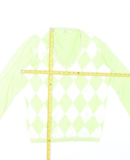 Tommy Hilfiger Women's Green Argyle V-Neck Cotton Jumper L