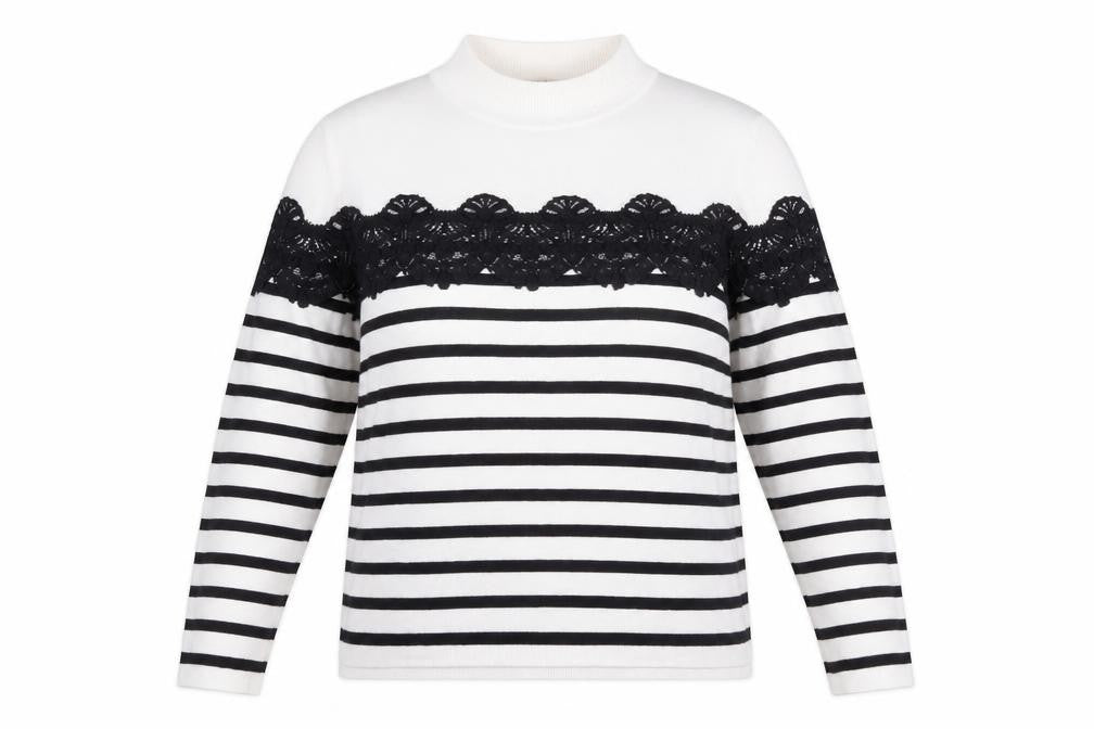 Warehouse Womens White Striped Lace Mock Neck Jumper Size 14