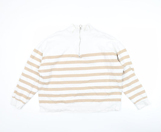 Marks and Spencer Women Beige White 1/2 Zip Striped Sweatshirt Size 14