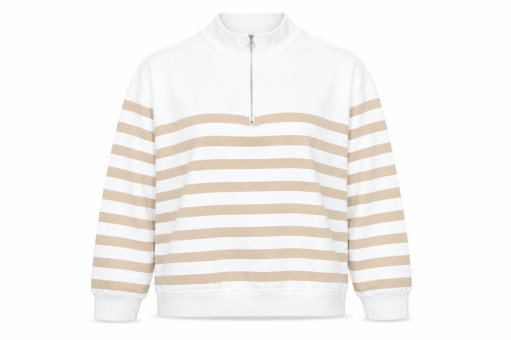 Marks and Spencer Women Beige White 1/2 Zip Striped Sweatshirt Size 14
