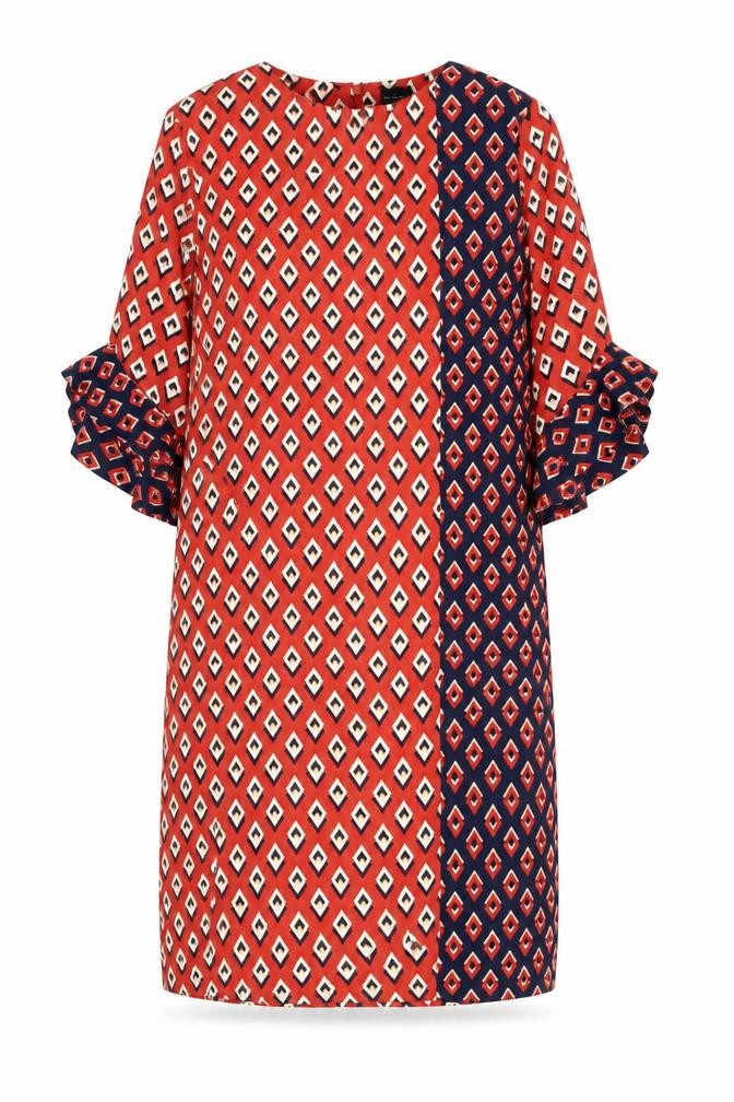Front view of Your Sixth Sense women’s red geometric shift dress, size UK 8