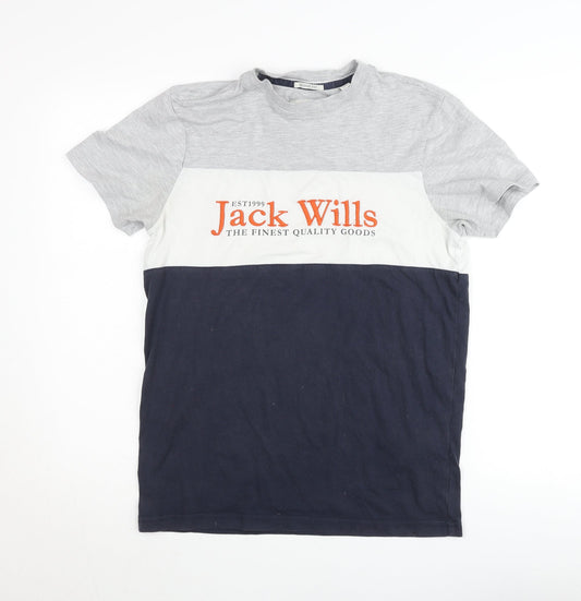 Jack Wills Men's Colourblock Grey White Navy Classic Fit T-Shirt Small