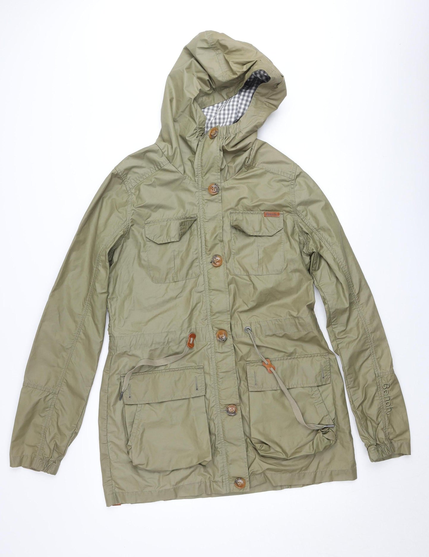 Bench Women's Green Hooded Parka Jacket L Lined Zip Button Pockets