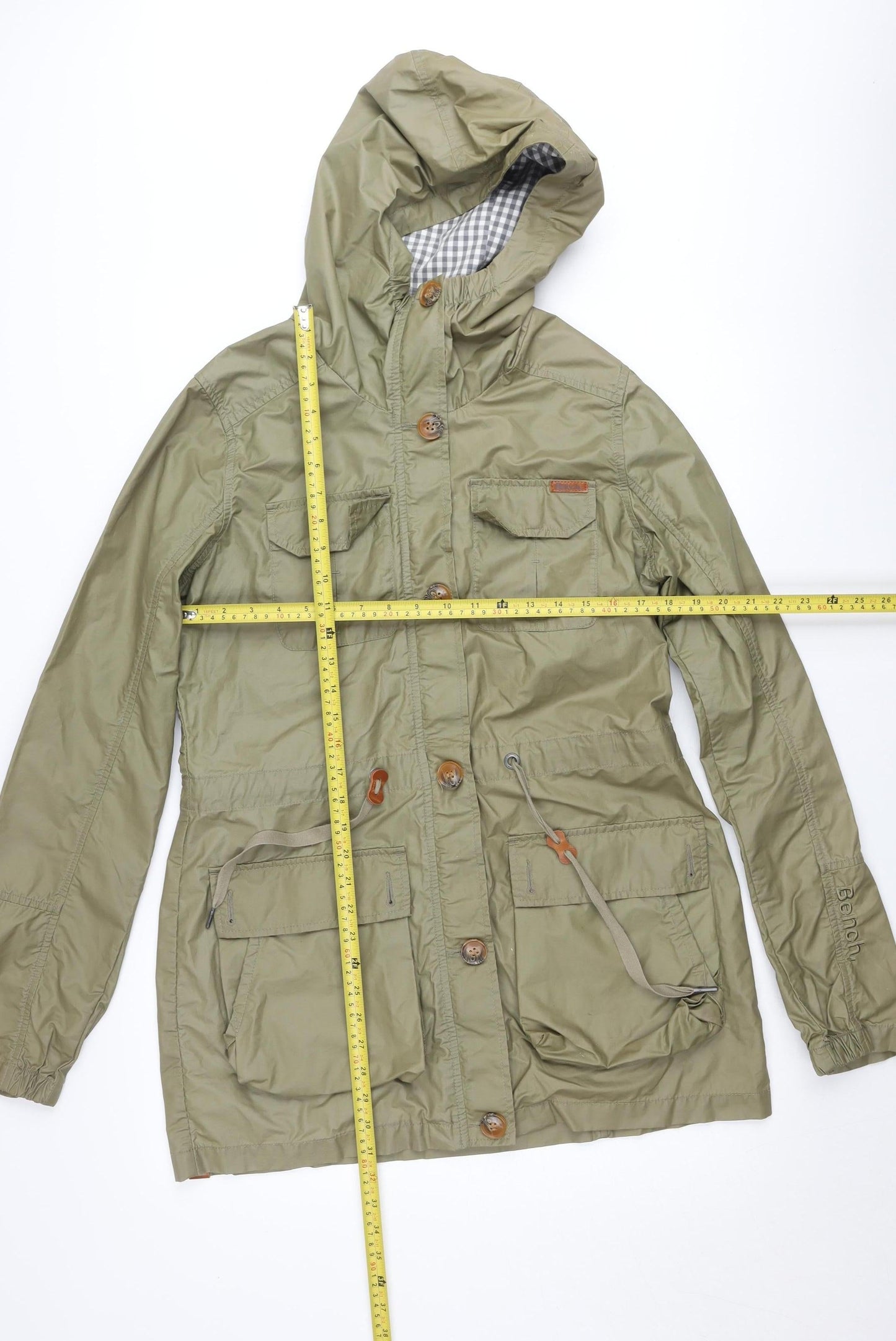 Bench Women's Green Hooded Parka Jacket L Lined Zip Button Pockets