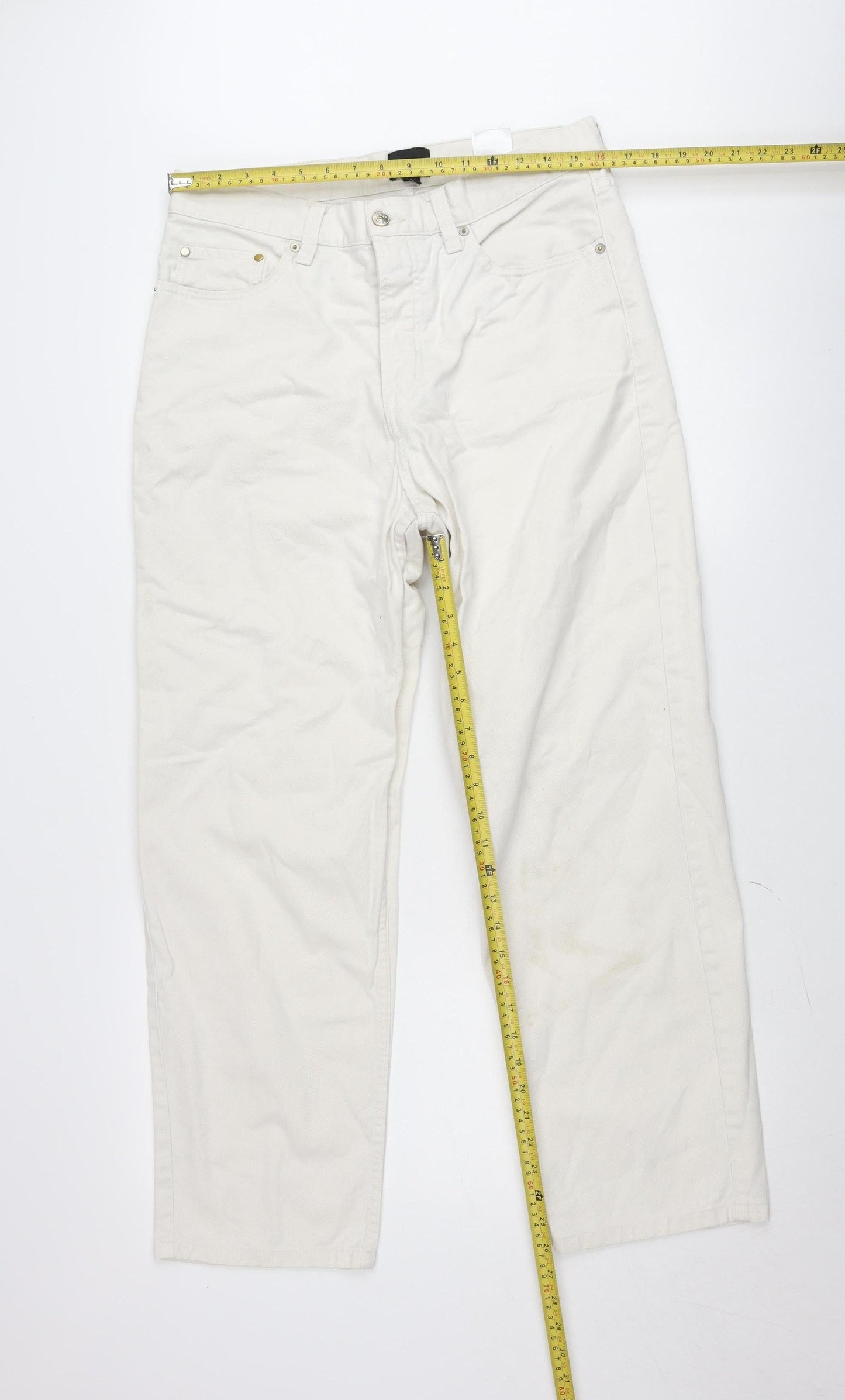 H&M Women Beige Loose Fit Straight Jeans Size 32 Cotton Denim