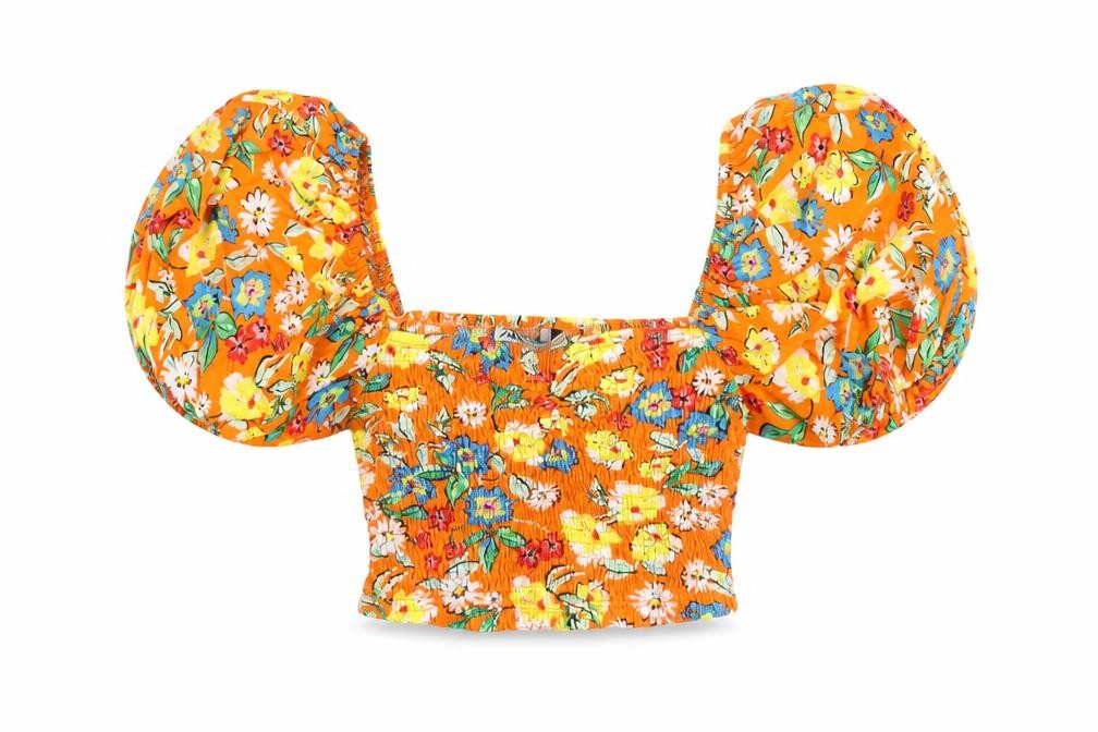 ZARA Women’s Orange Floral Puff Sleeve Cropped Blouse Size S
