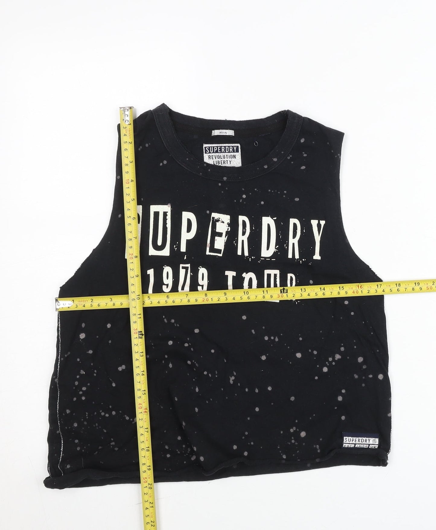 Superdry Womens Black Cropped Tank Top Medium 1979 Tour Graphic