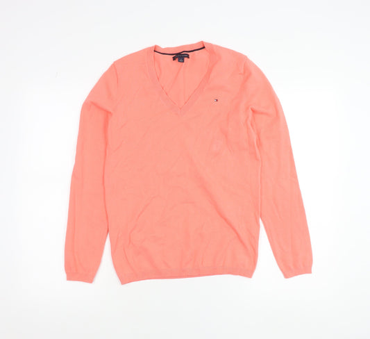 Tommy Hilfiger Women's Pink V-Neck Cotton Jumper Size M