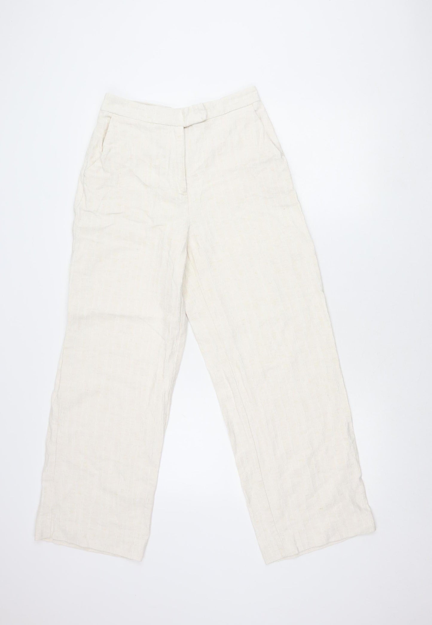 Zara Women Ivory Linen Blend Straight Leg Trousers Size Small