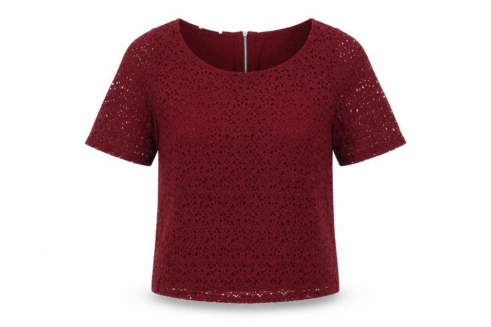 Promod Women’s Red Lace Cropped Blouse Size M Short Sleeve