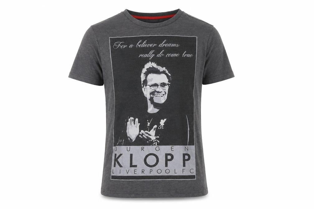 Front view of LFC men’s grey xs jurgen klopp graphic football t-shirt