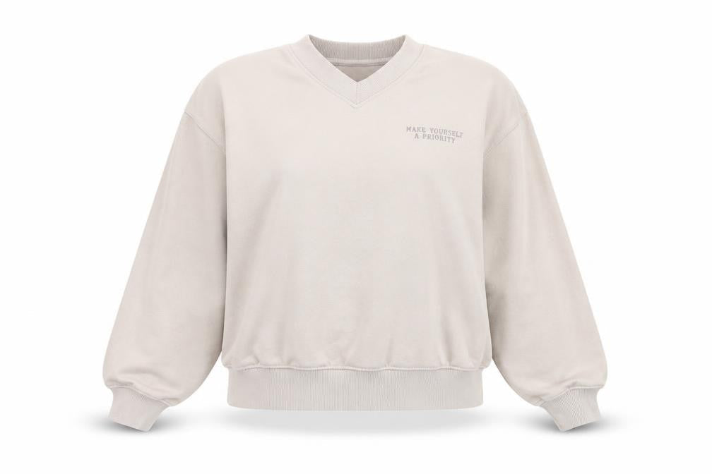Dunnes Women Beige V-Neck Pullover Sweatshirt L