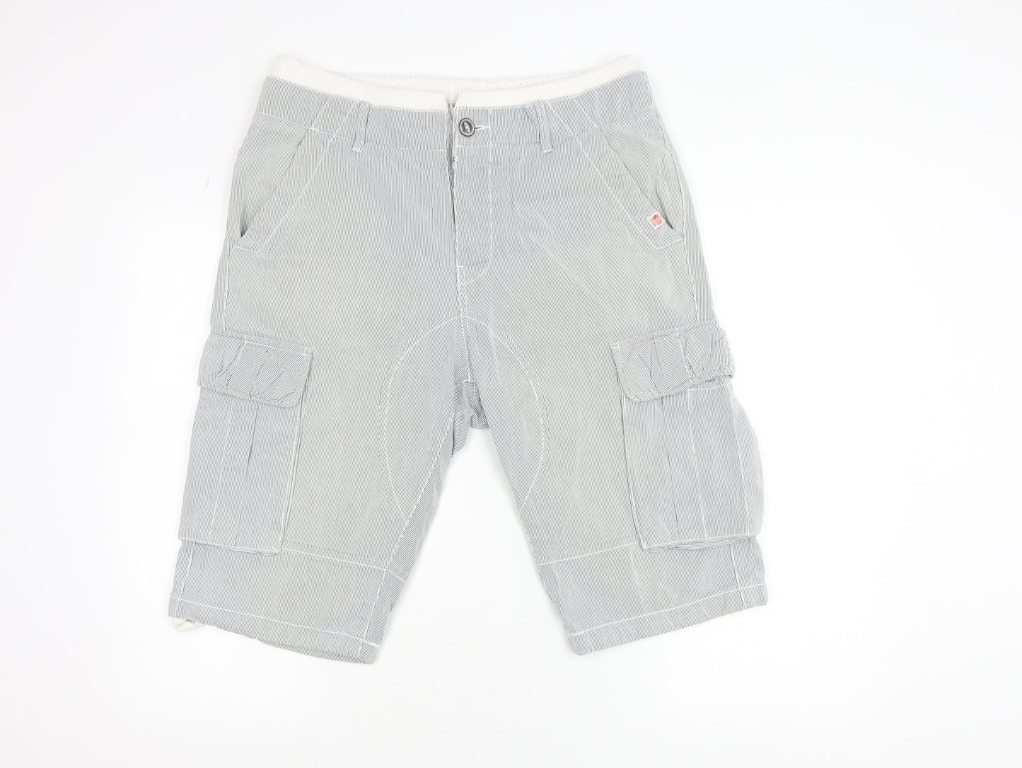 River Island Mens Grey Cargo Shorts M Striped Cotton Blend Elastic Waist