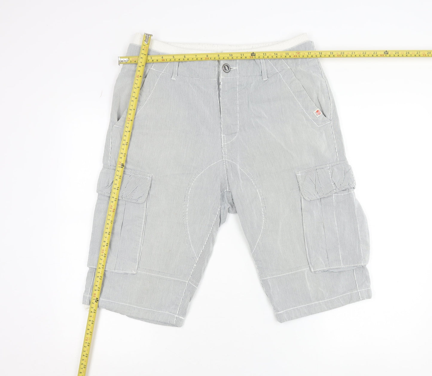 River Island Mens Grey Cargo Shorts M Striped Cotton Blend Elastic Waist