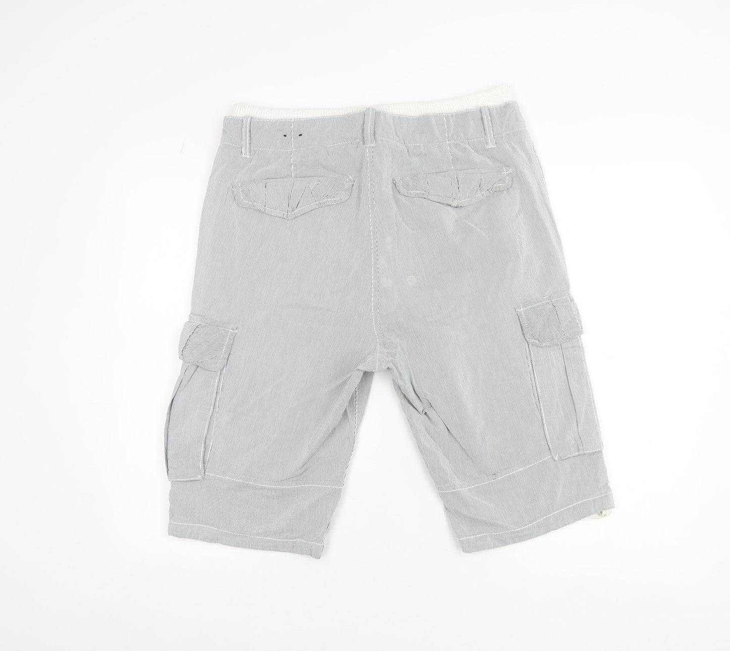 River Island Mens Grey Cargo Shorts M Striped Cotton Blend Elastic Waist