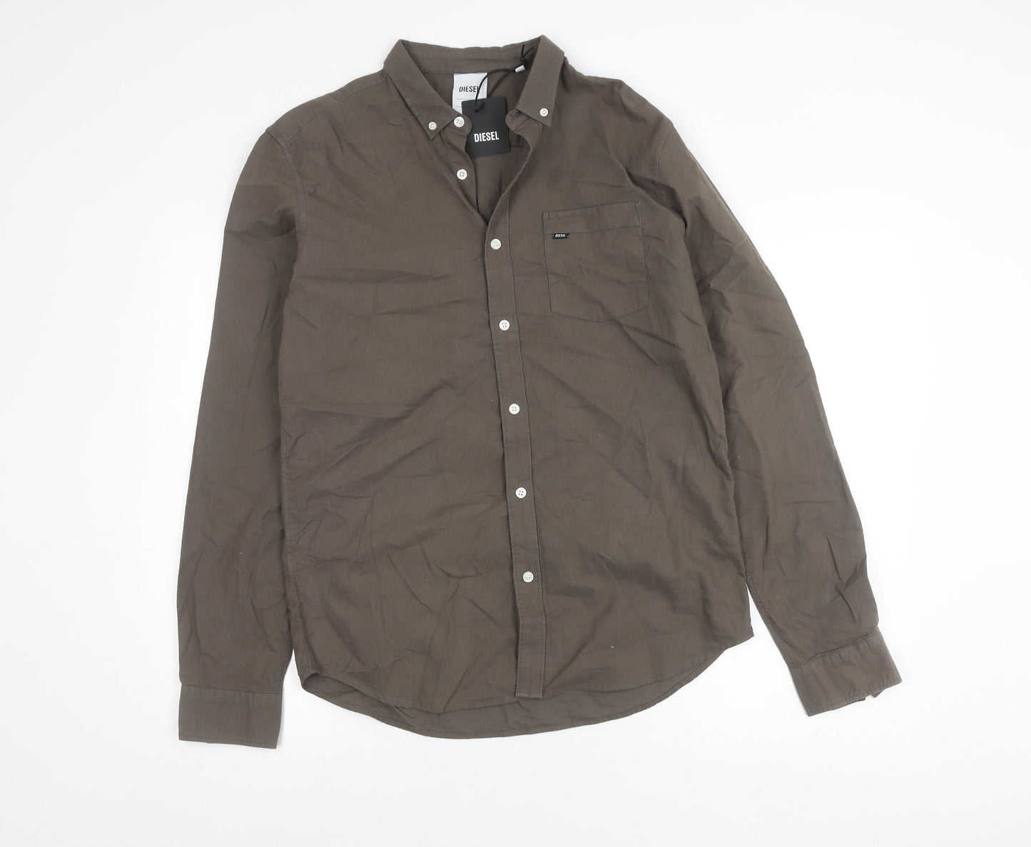 Diesel Men's Brown Button-Up Casual Shirt Medium 100% Cotton Long Sleeve