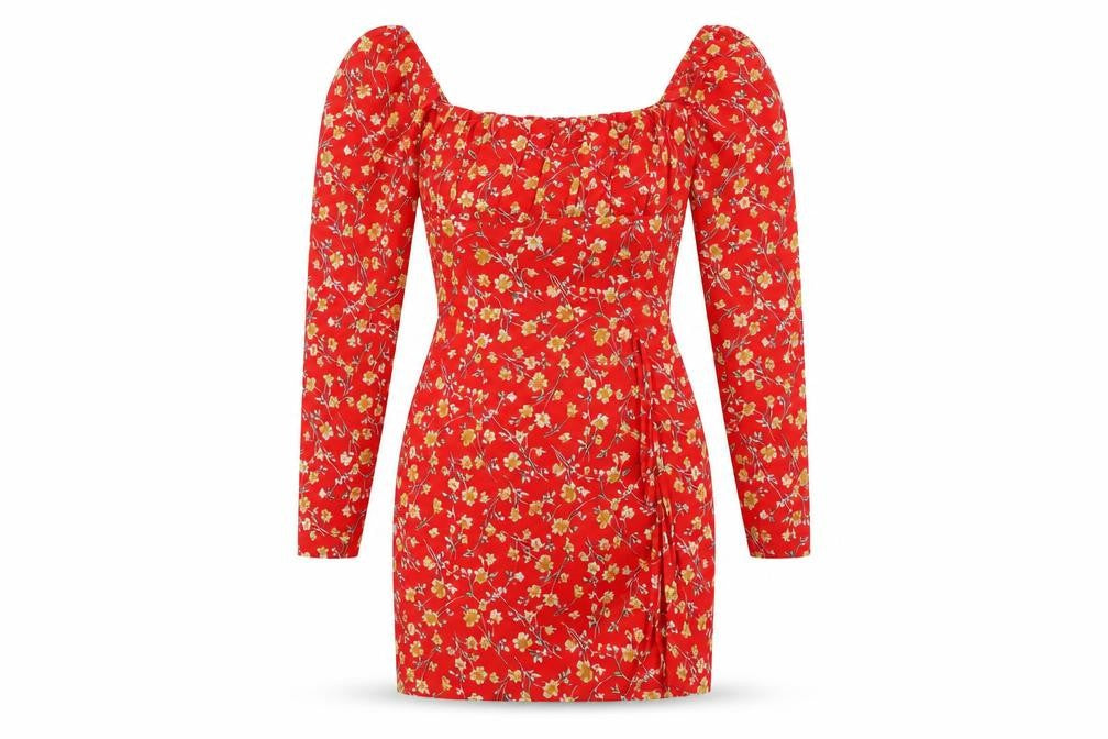PrettyLittleThing Women's Red Floral Off Shoulder Bodycon Dress Size 8