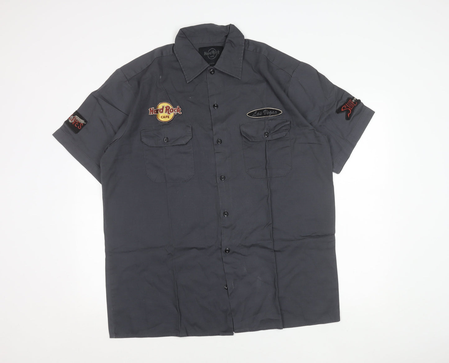 Hard Rock Cafe Men’s Grey Las Vegas Embroidered Short Sleeve Button-Up Shirt L