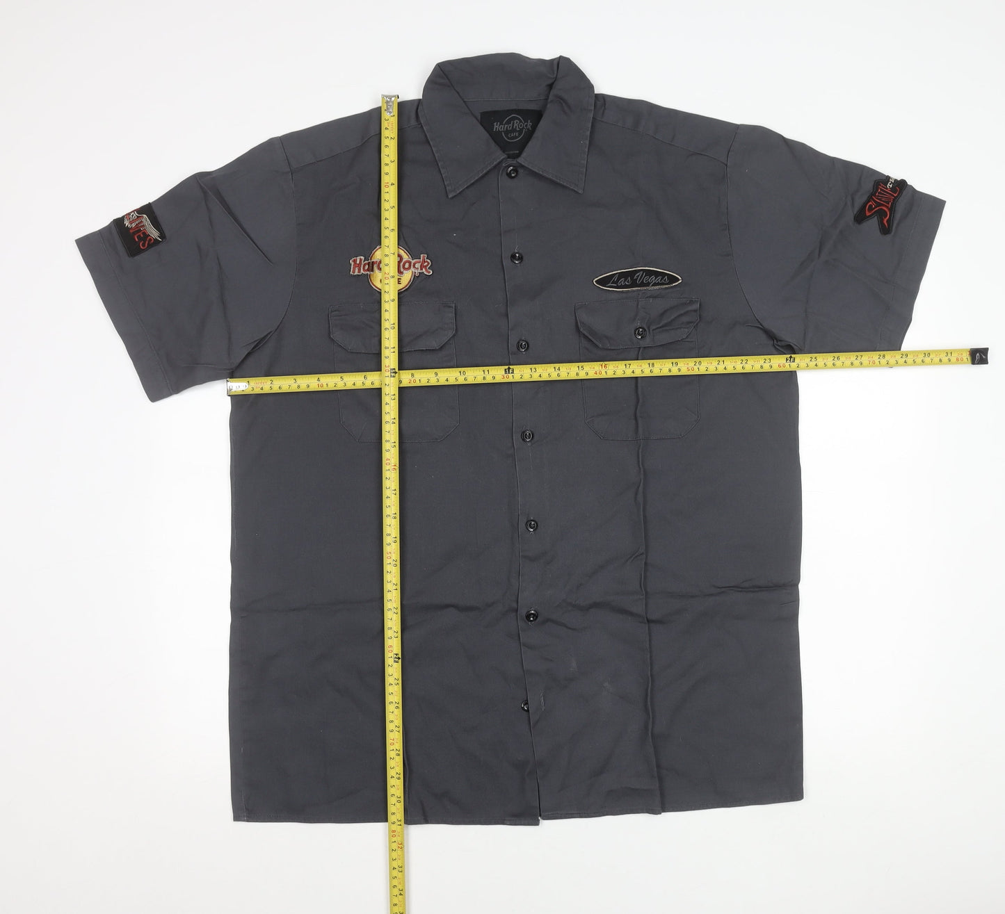 Hard Rock Cafe Men’s Grey Las Vegas Embroidered Short Sleeve Button-Up Shirt L