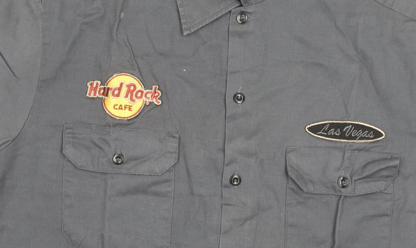 Hard Rock Cafe Men’s Grey Las Vegas Embroidered Short Sleeve Button-Up Shirt L