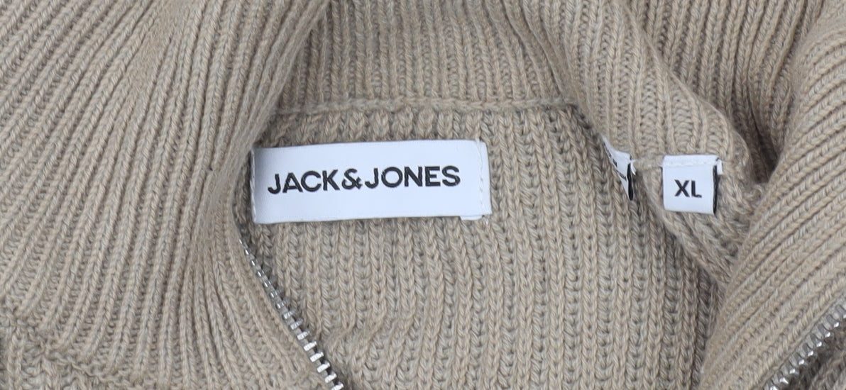 Jack & Jones Men’s Beige XL 1/2 Zip High Neck Knit Jumper