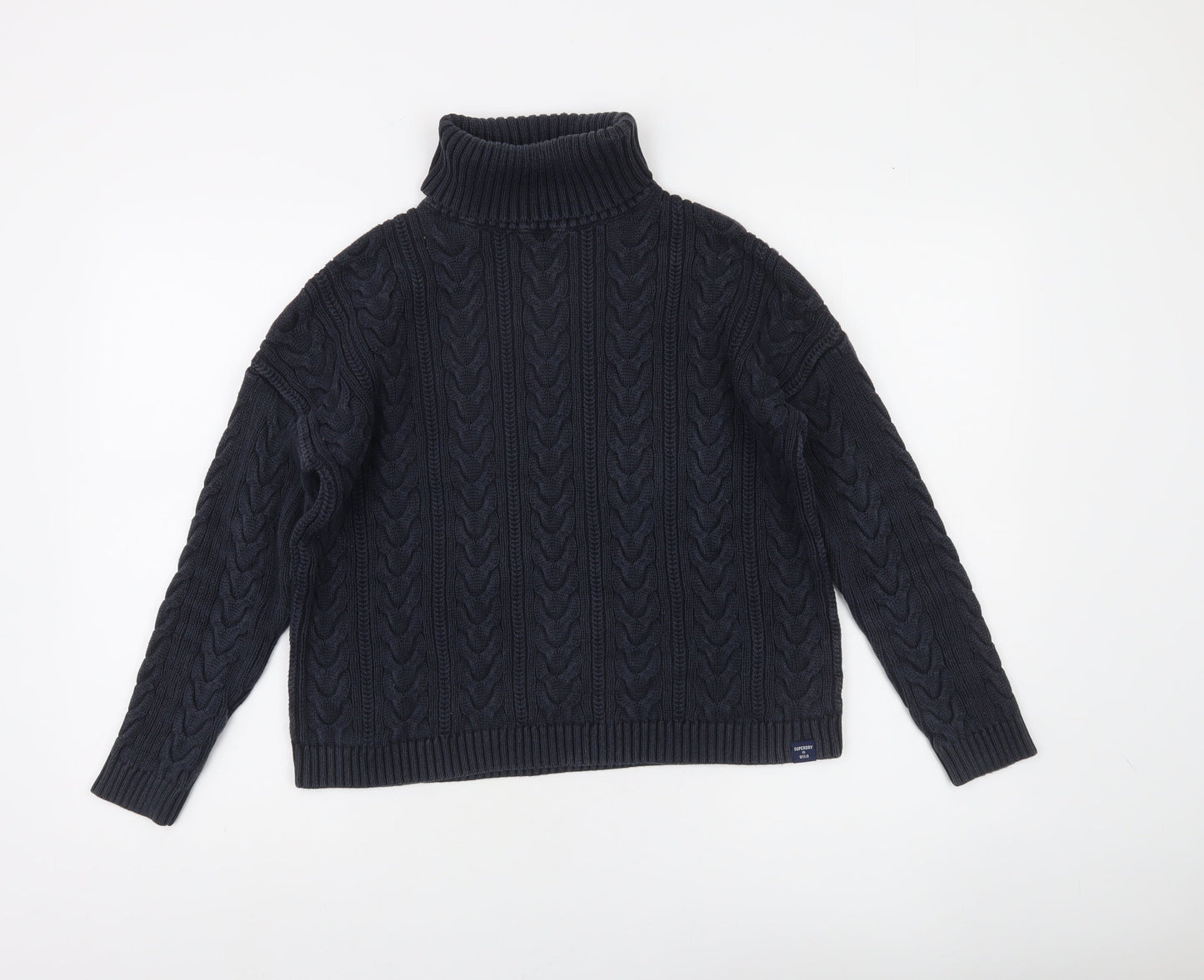 Superdry Women's Blue Roll Neck Cable-Knit Cotton Jumper Size 10