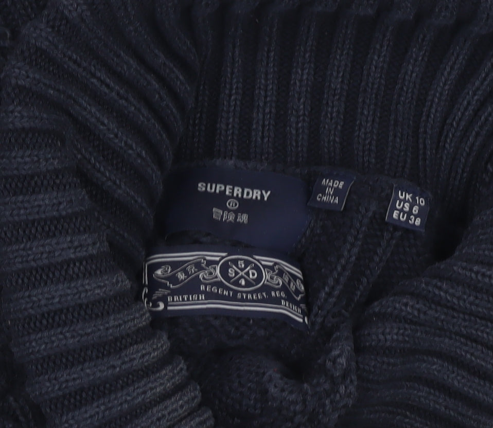 Superdry Women's Blue Roll Neck Cable-Knit Cotton Jumper Size 10