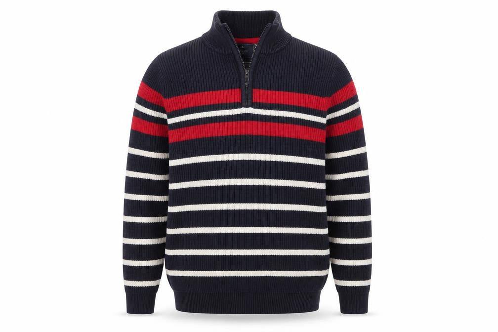 Front view of Atlantic Bay Men's Blue Striped Cotton 1/4 Zip Jumper, size M