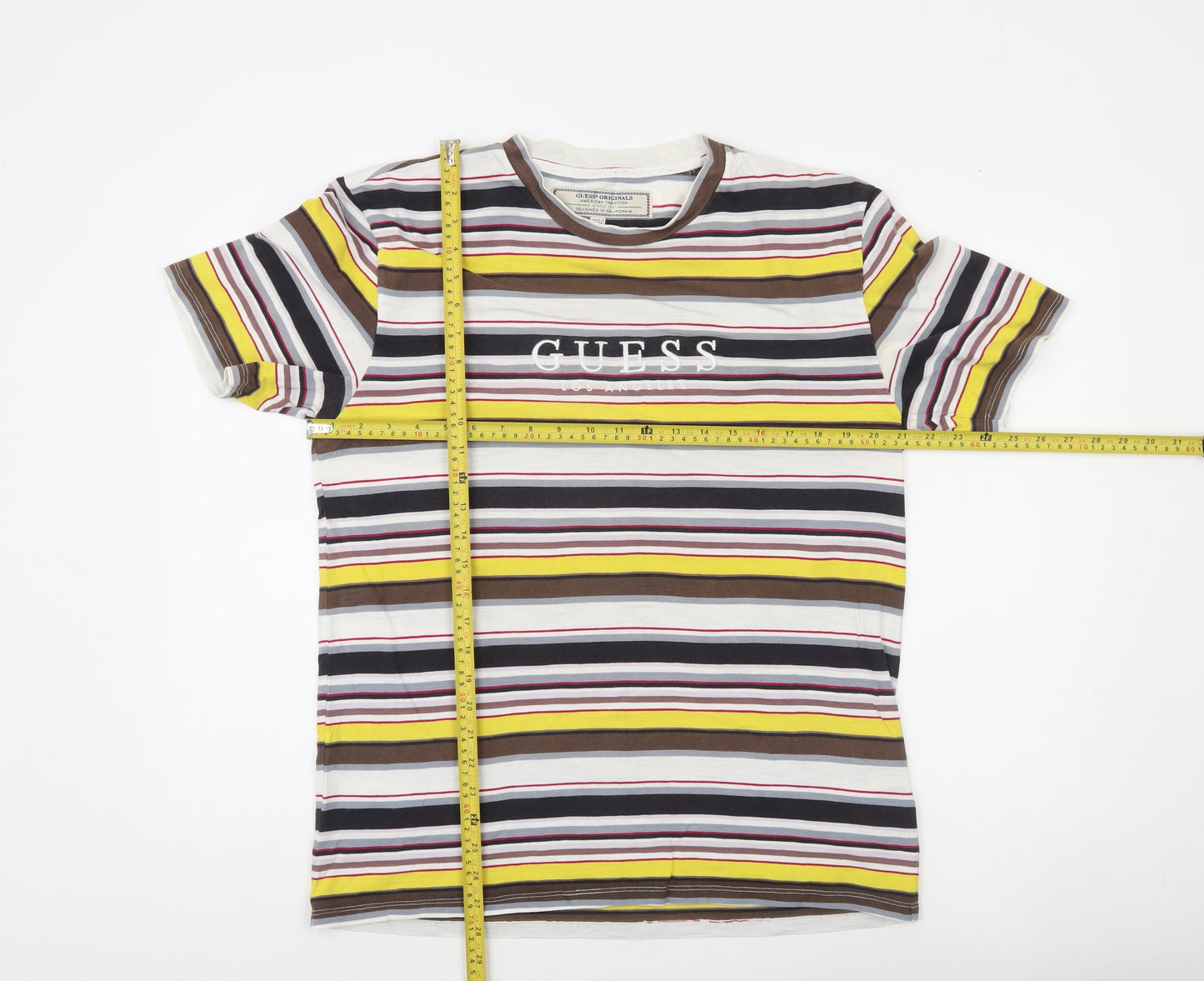 Guess Originals Men's Multicoloured Striped Crew Neck T-Shirt Small