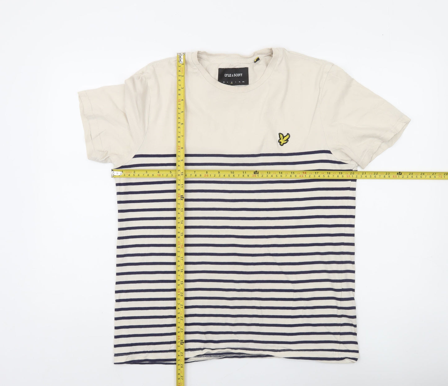 Lyle & Scott Men's Beige Navy Striped Cotton Crew Neck T-Shirt Size M