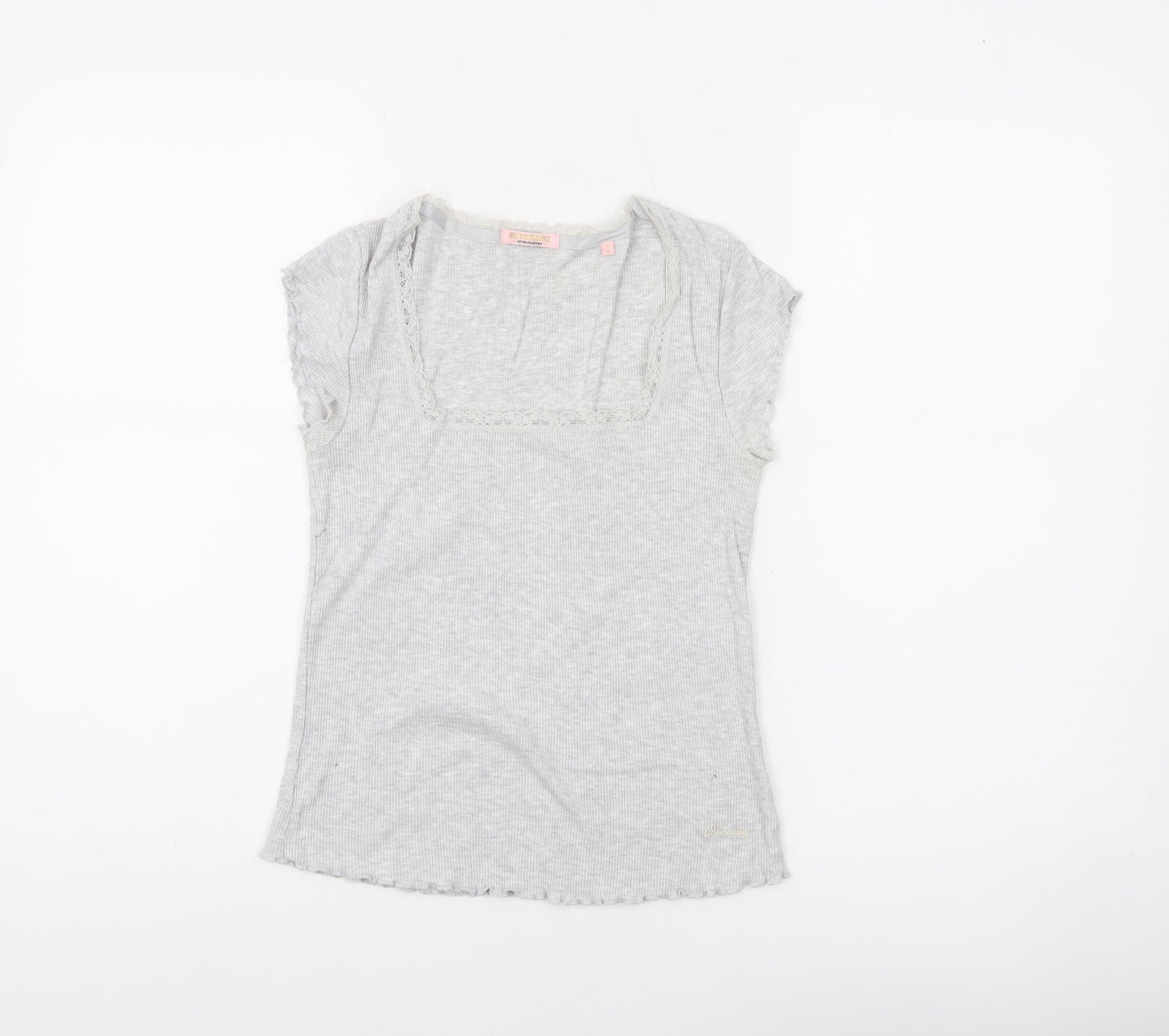 Superdry Women's Grey Lace Trim Square Neck Slim Fit T-Shirt Size 6