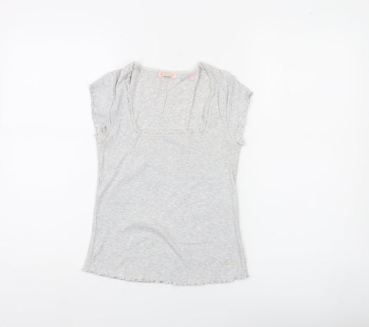 Superdry Women's Grey Lace Trim Square Neck Slim Fit T-Shirt Size 6