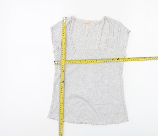 Superdry Women's Grey Lace Trim Square Neck Slim Fit T-Shirt Size 6