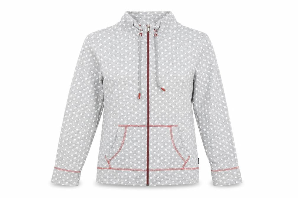 Front view of Cecil women’s grey star print full zip hoodie, size M, cotton blend