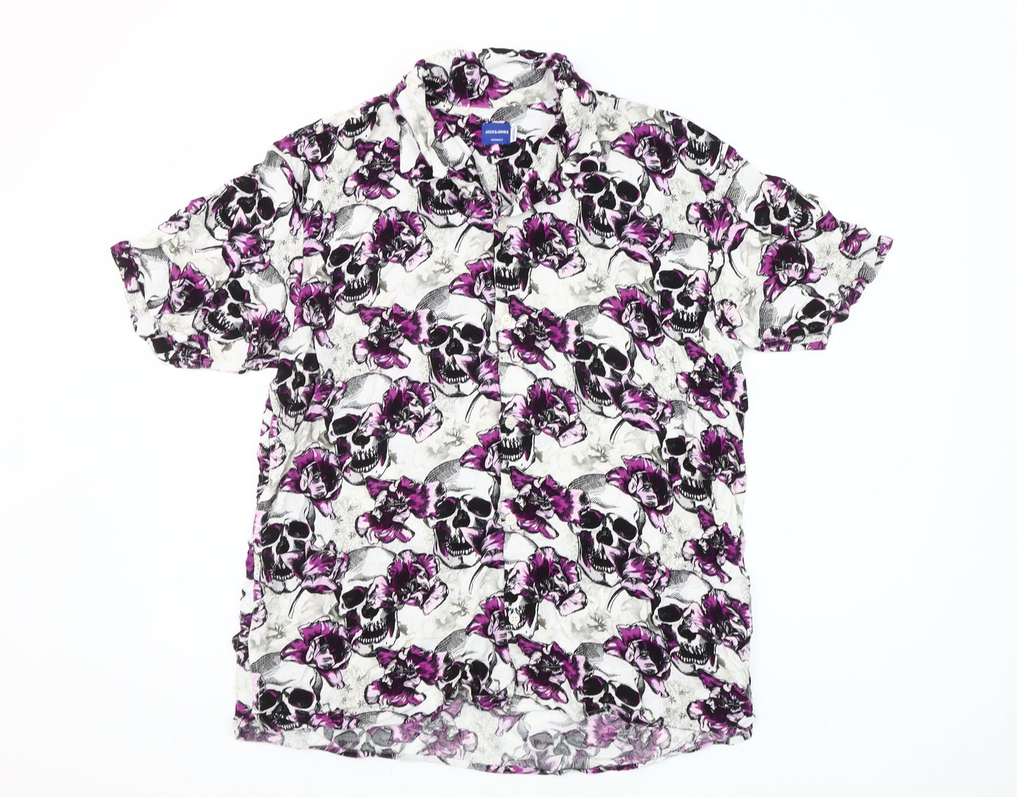 Jack & Jones Men's Multicoloured Skull Floral Short Sleeve Button-Up Shirt L