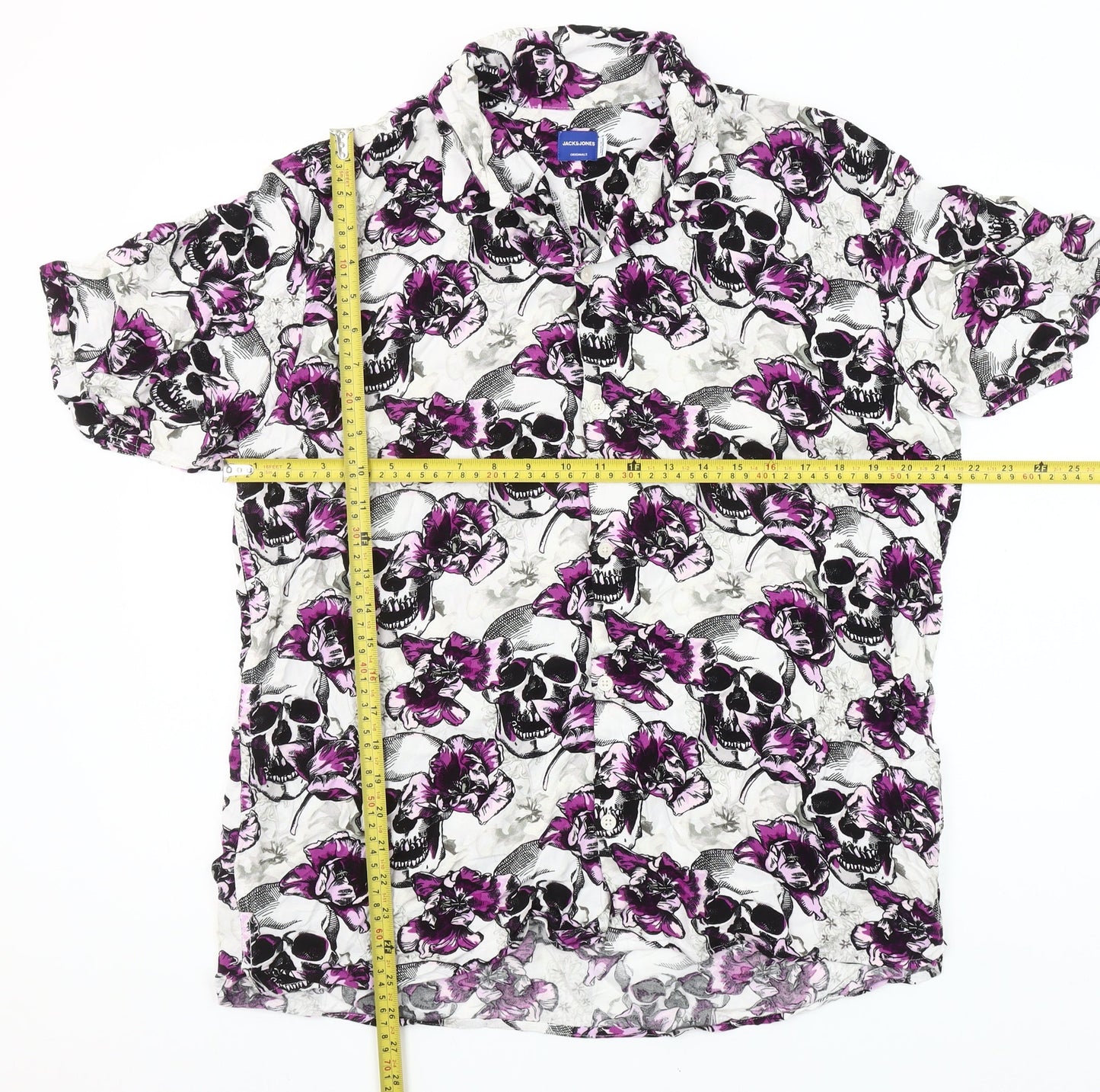 Jack & Jones Men's Multicoloured Skull Floral Short Sleeve Button-Up Shirt L