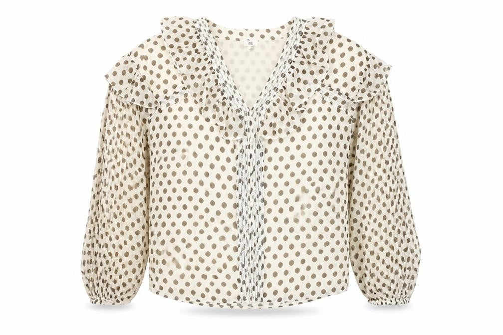 River Island Women Beige Polka Dot Ruffle Chiffon Blouse Size 10
