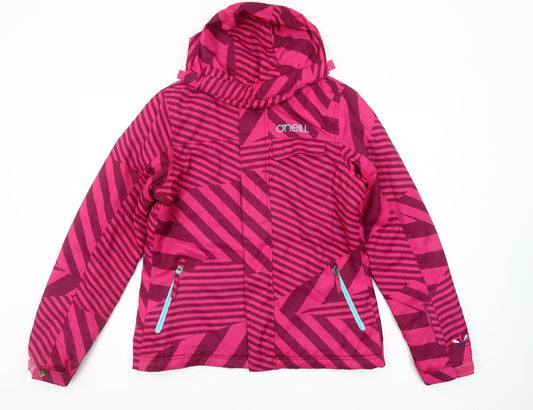 O'Neill Womens Pink Striped Ski Jacket Hooded Waterproof Size 16