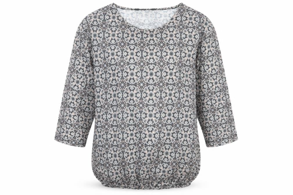 Front view of St. Bernard for Dunnes Women’s Grey Geometric 3/4 Sleeve Blouse, size UK 12