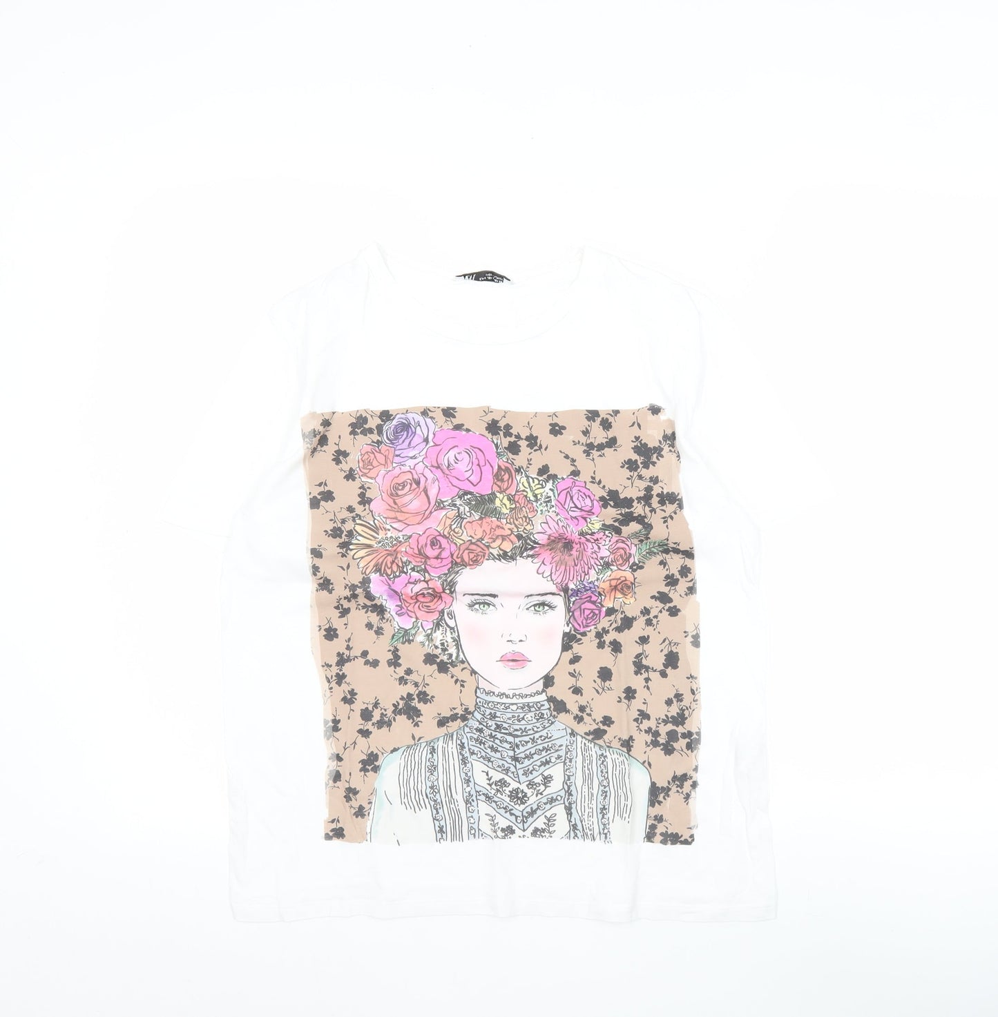 Zara Women White Floral Art Print Short Sleeve Cotton T-Shirt Size S