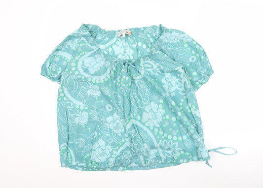 Fat Face Women Blue Floral Cotton Peasant Blouse Size 14