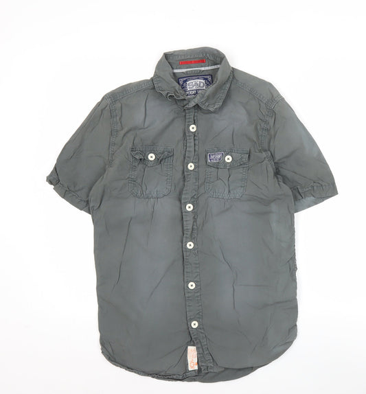 Superdry Men's Grey Short Sleeve Button-Up Cotton Shirt Medium
