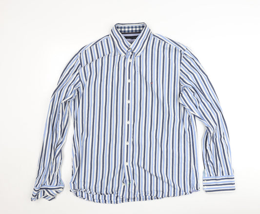 Tommy Hilfiger Men’s Blue Striped Button-Down L Cotton Shirt